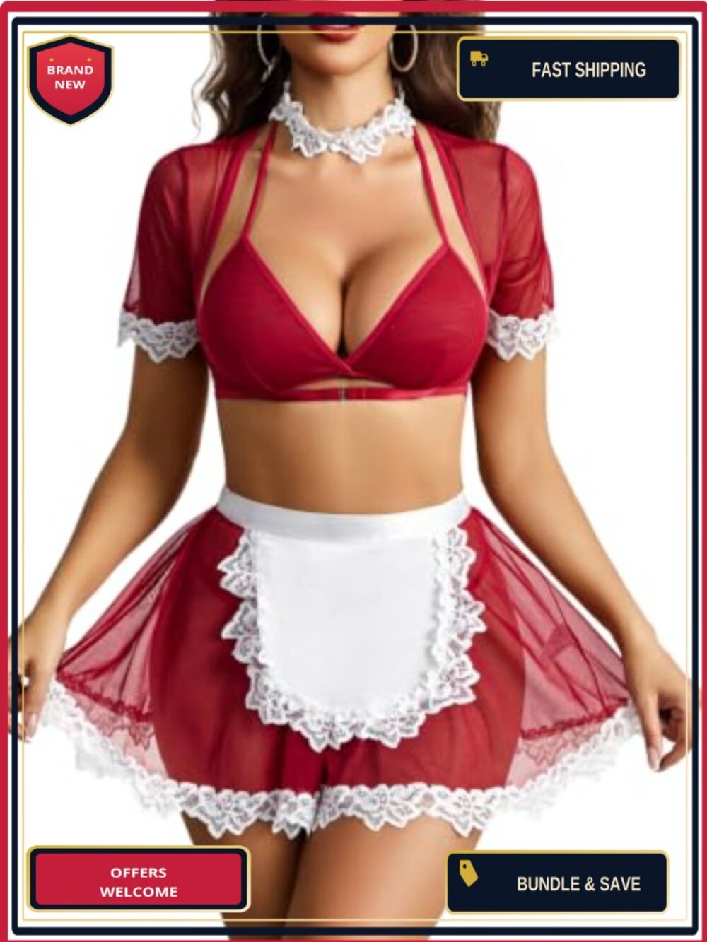 Mesh Lace French Maid Cosplay Costume Set 6 Piece